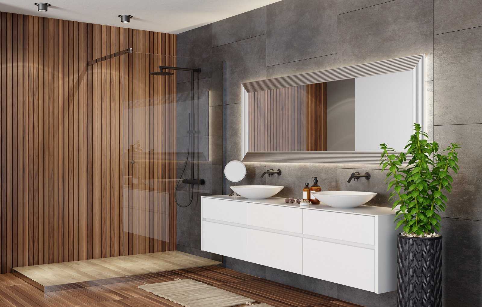 łazienka z drewnianymi panelami