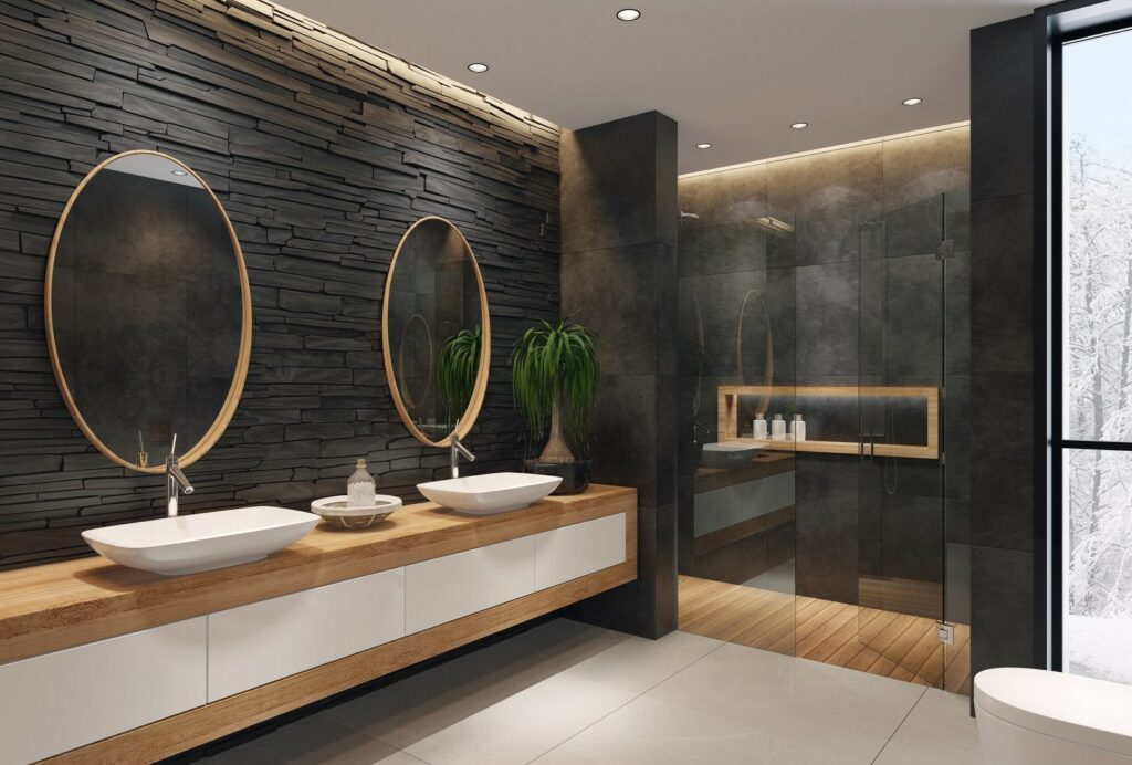 antracytowa łazienka z dwoma lustrami