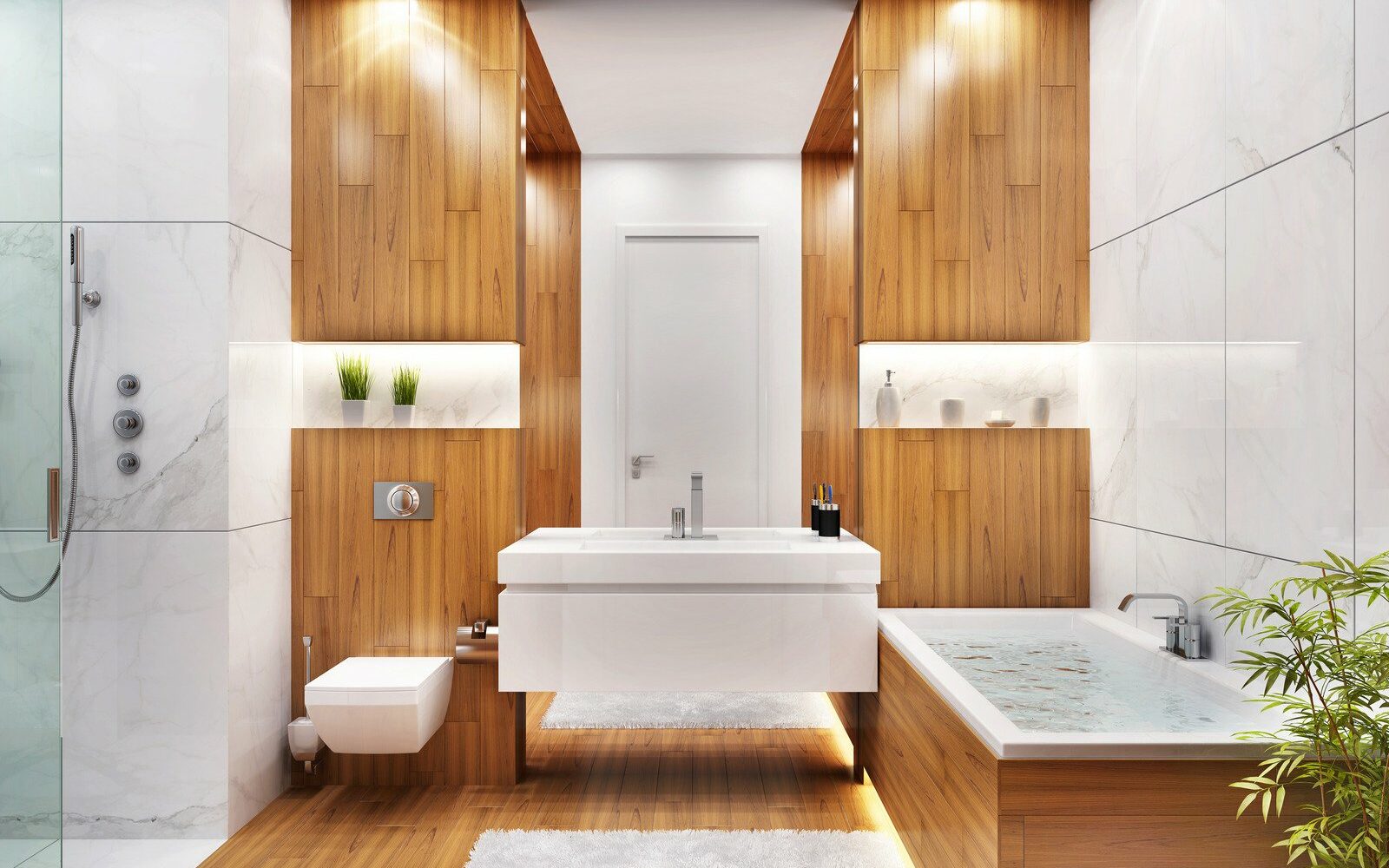 nowoczesne, drewniane panele w łazience