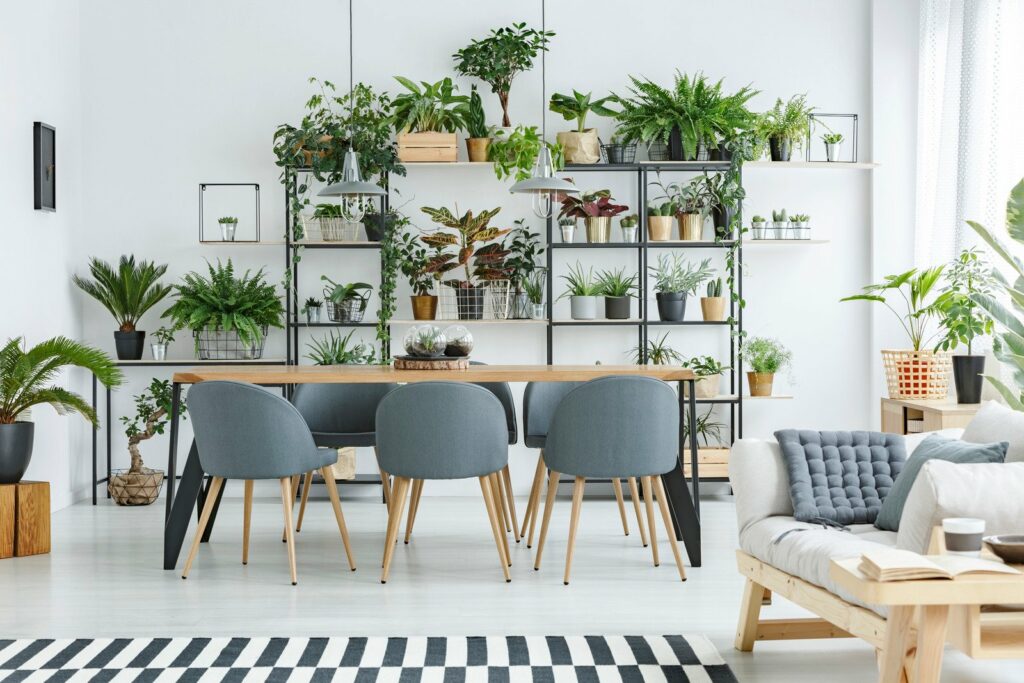 nowoczesny salon z roślinami”