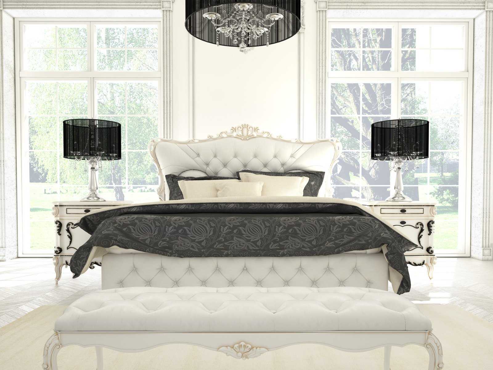 łóżko z dekoracyjnym zagłówkiem w sypialni