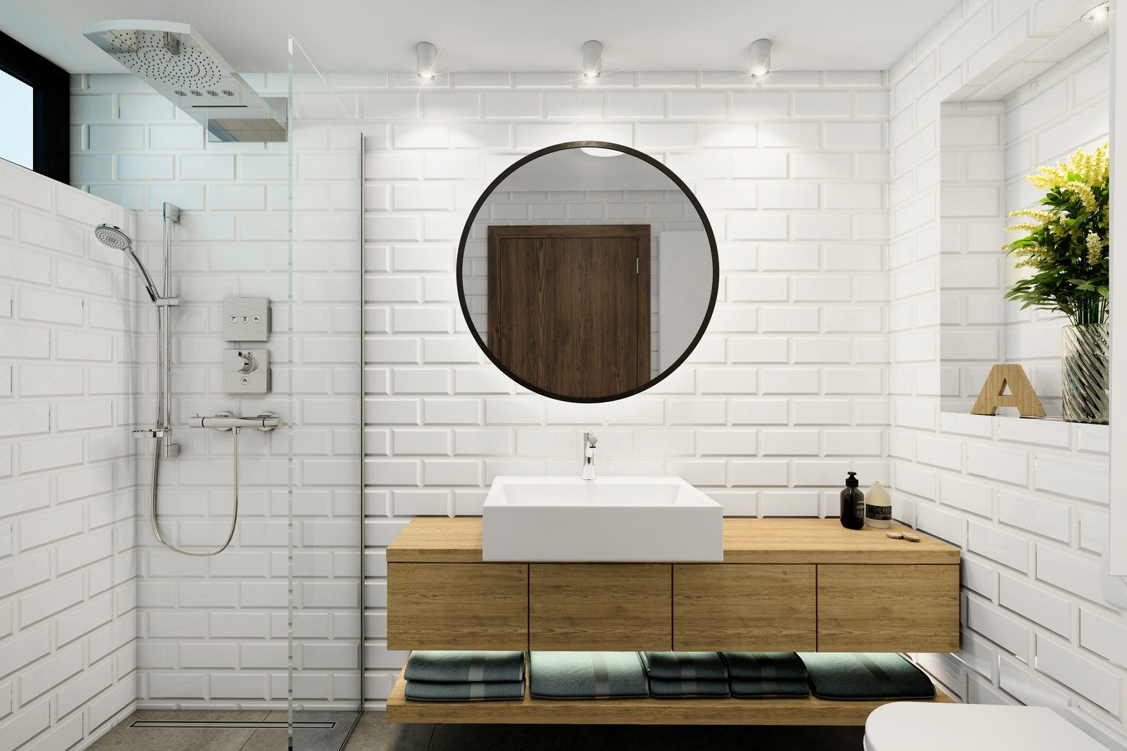 biała łazienka z drewnianymi elementami