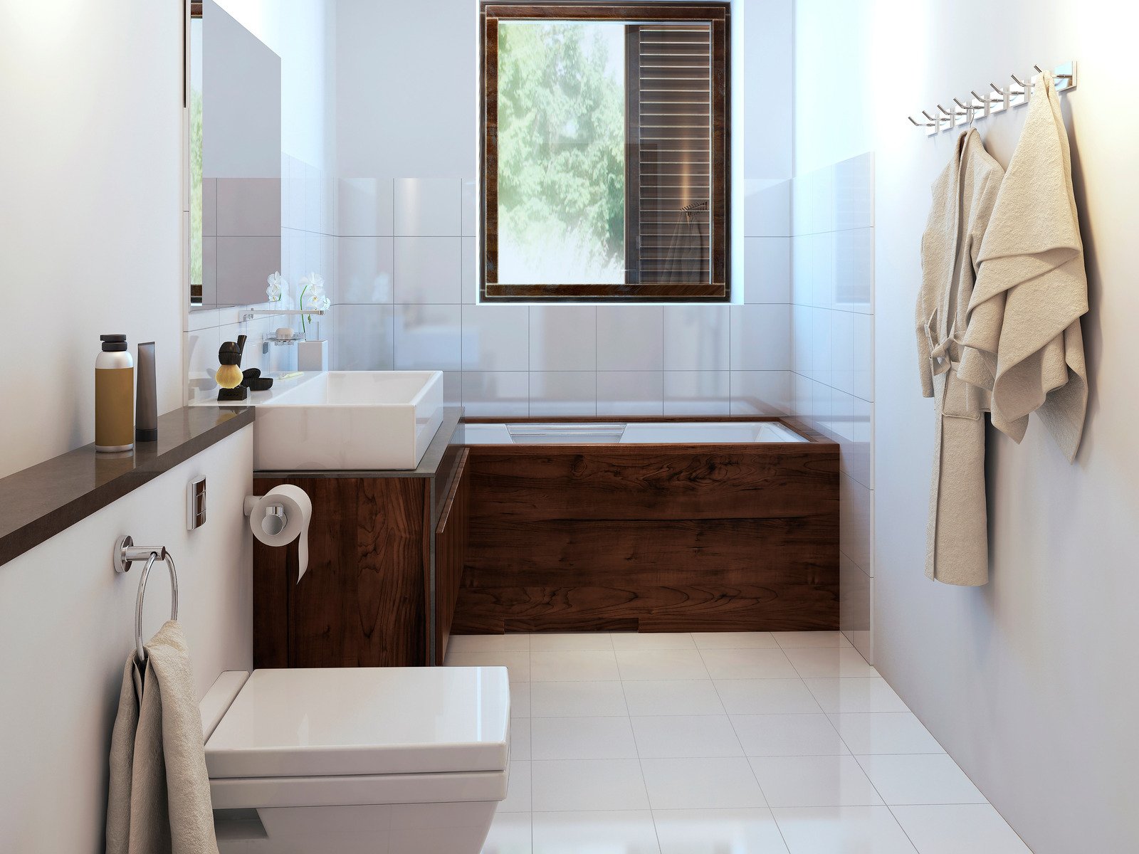 łazienka w stylu rustykalnym z drewnianą oprawą mebli łazienkowych