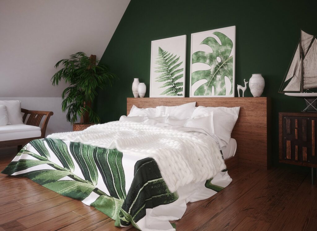 sypialnia z roślinnymi motywami