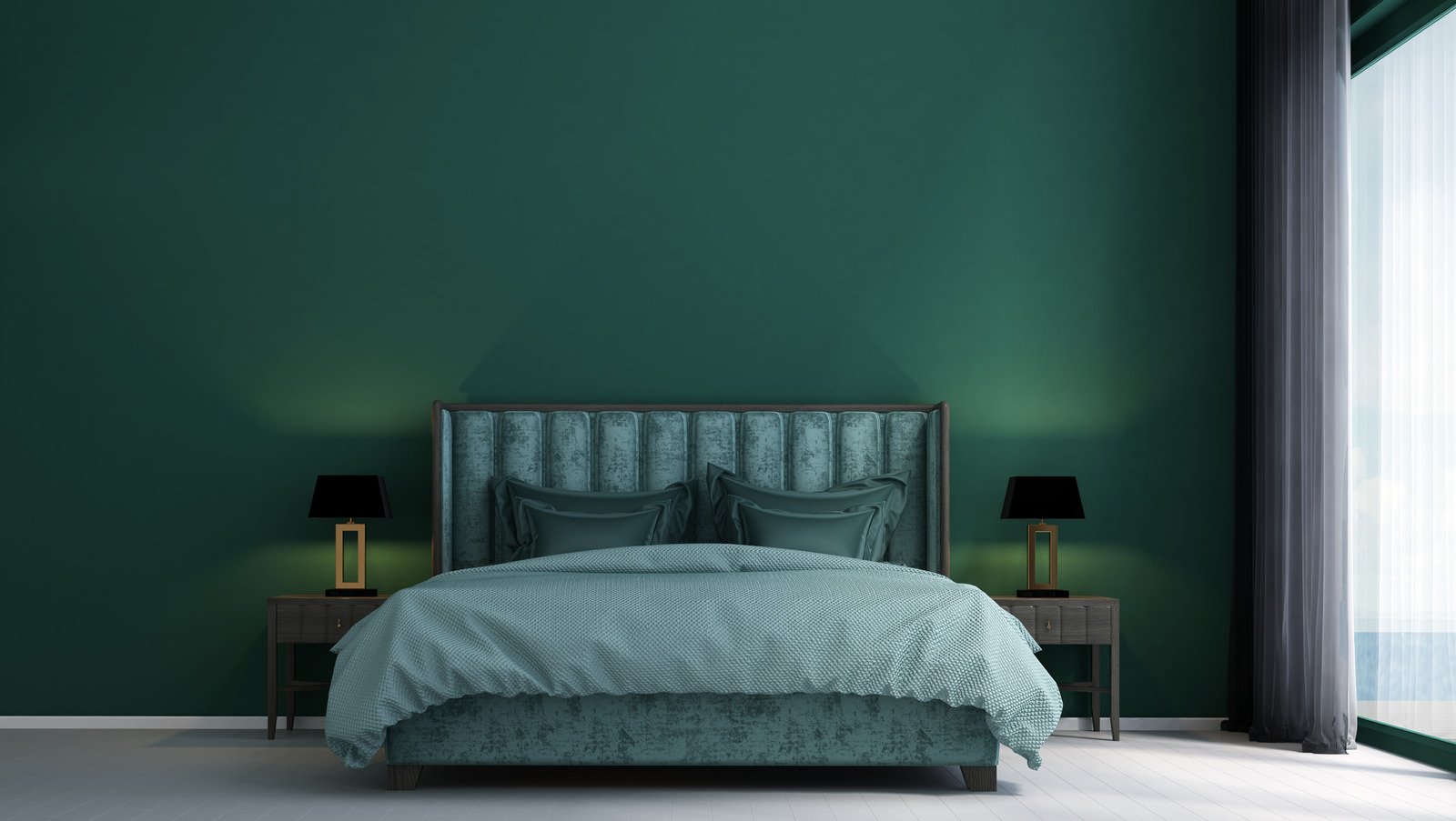 Sypialnia ze ścianami w kolorze butelkowej zieleni