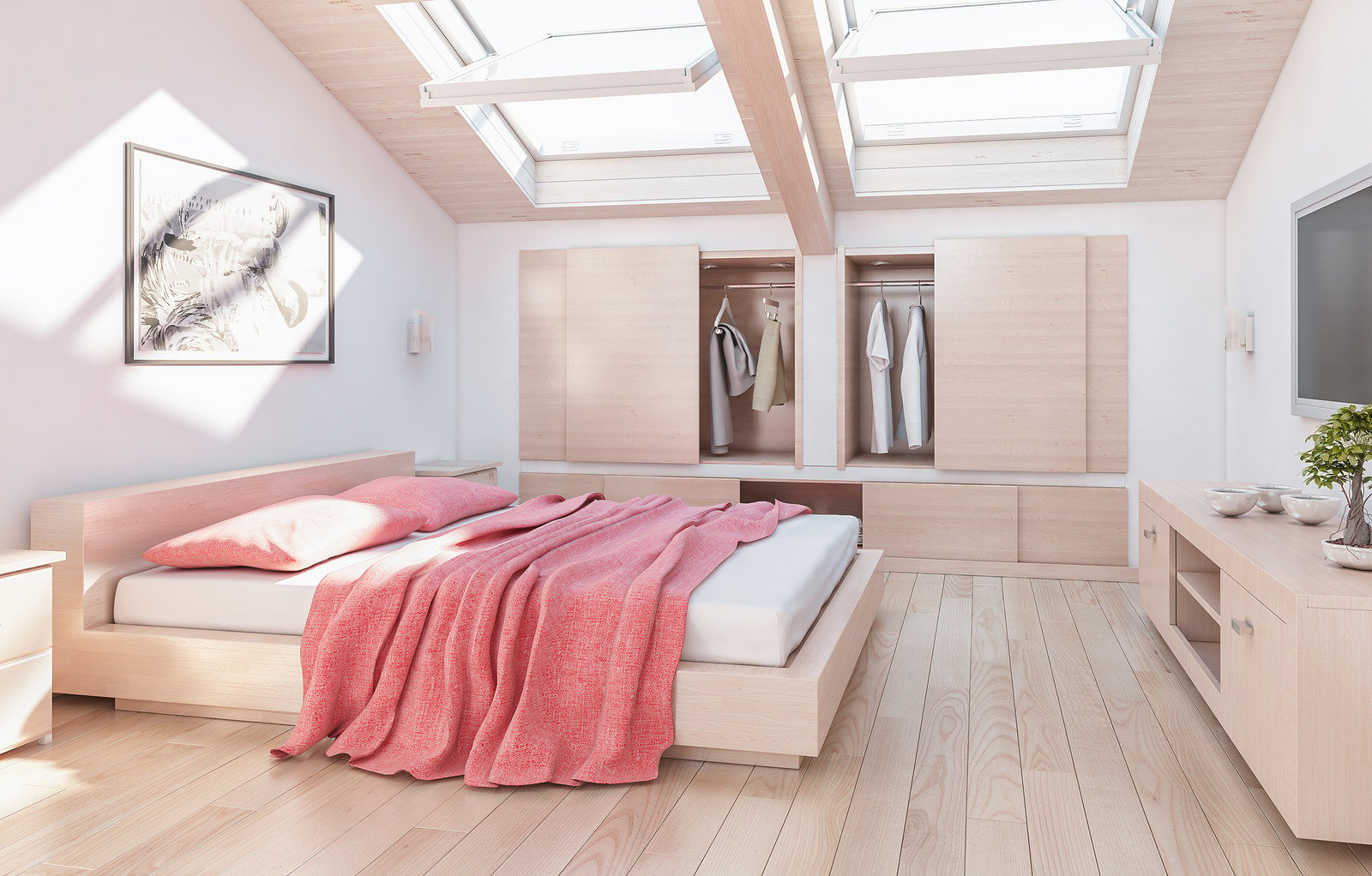 duże łóżko, różowe tekstylia, jasne meble