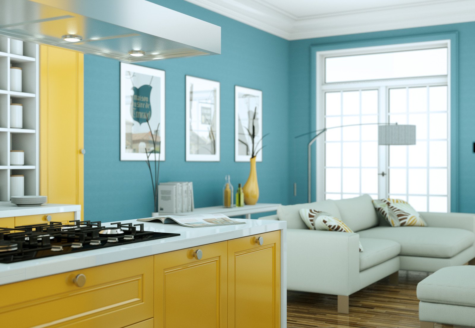 żółte meble i błękitne ściany