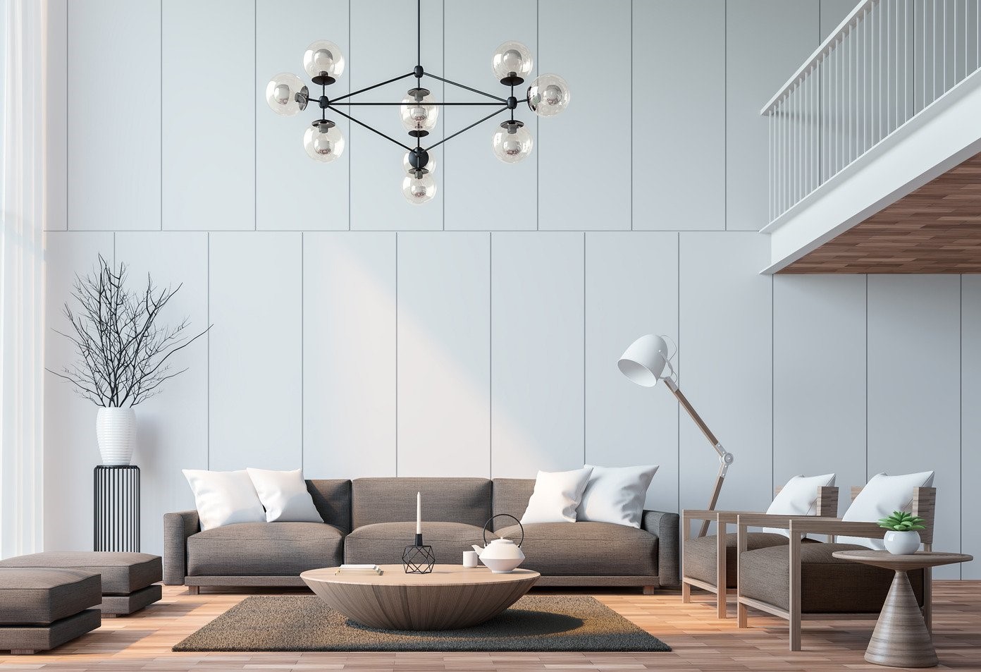 minimalistyczny salon z przytulną, miękką sofą