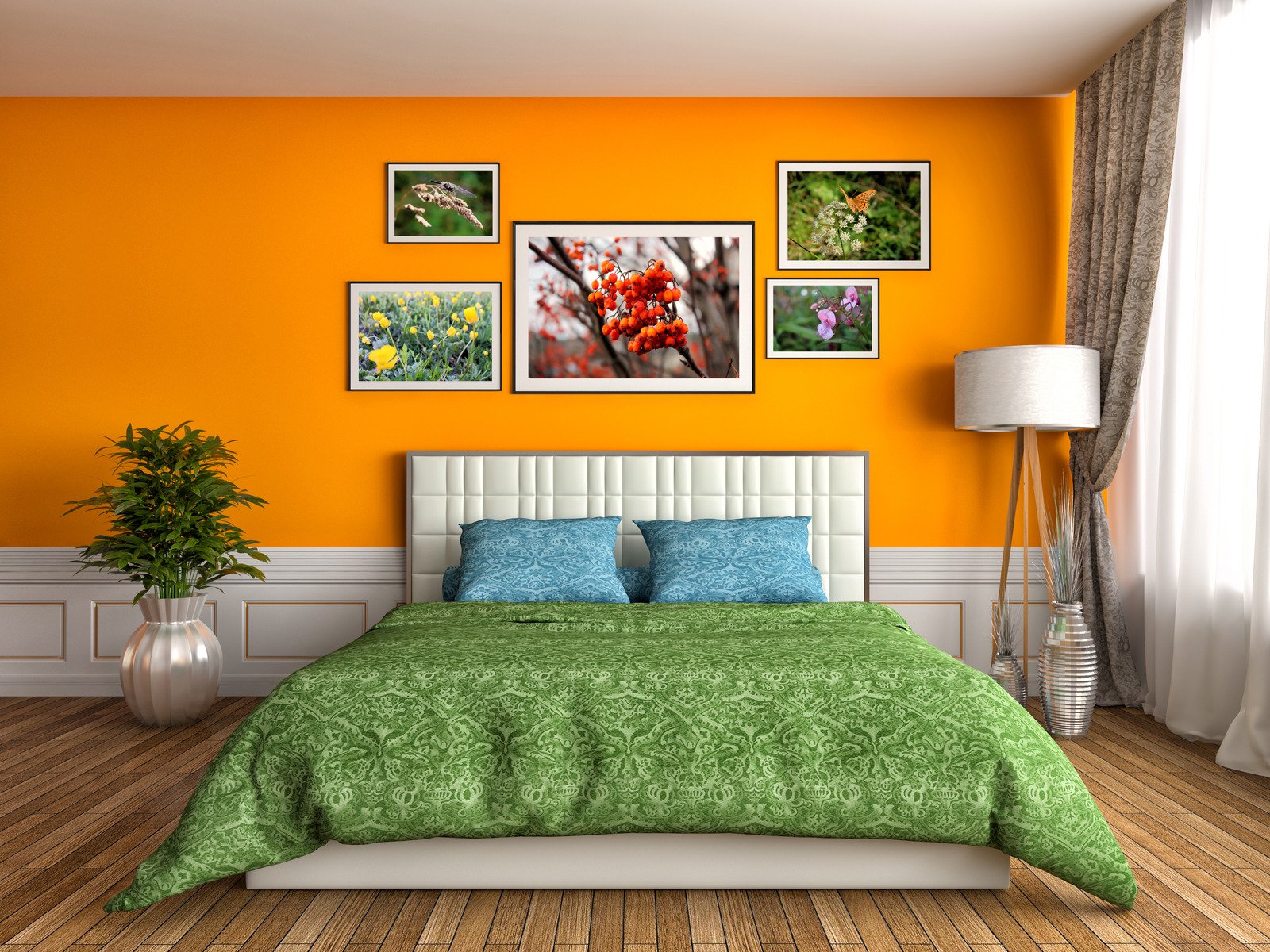 sypialnia z pomarańczową ścianą