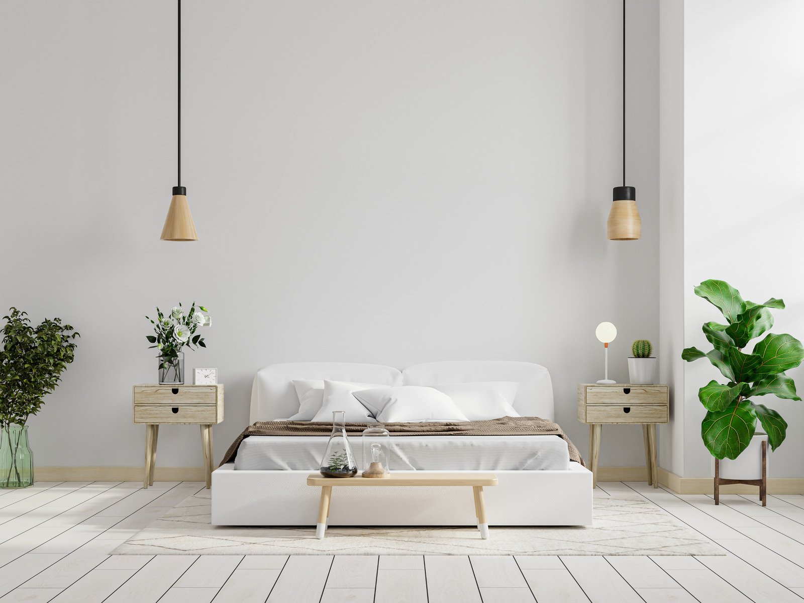 minimalistyczna sypialnia, rośliny 