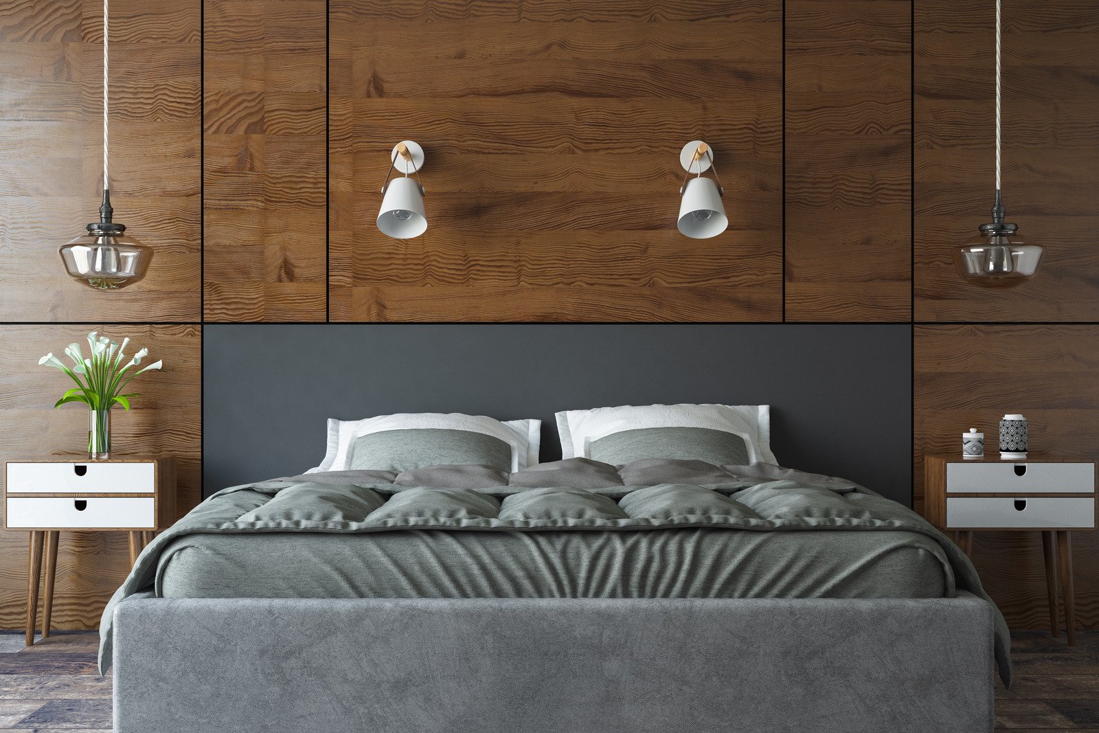 drewniane panele ścienne, nowoczesna sypialnia