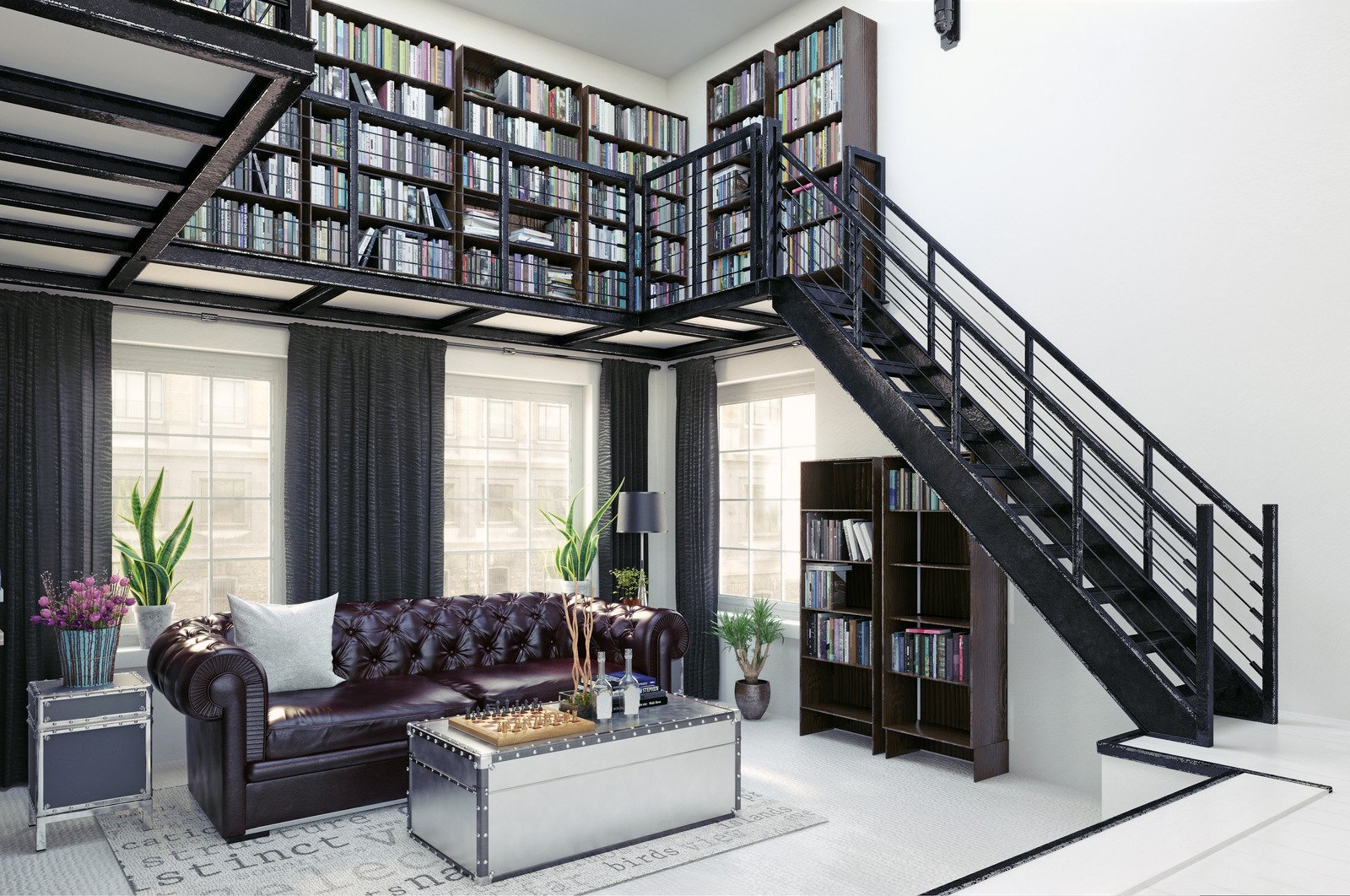skórzana sofa, biblioteczka domowa
