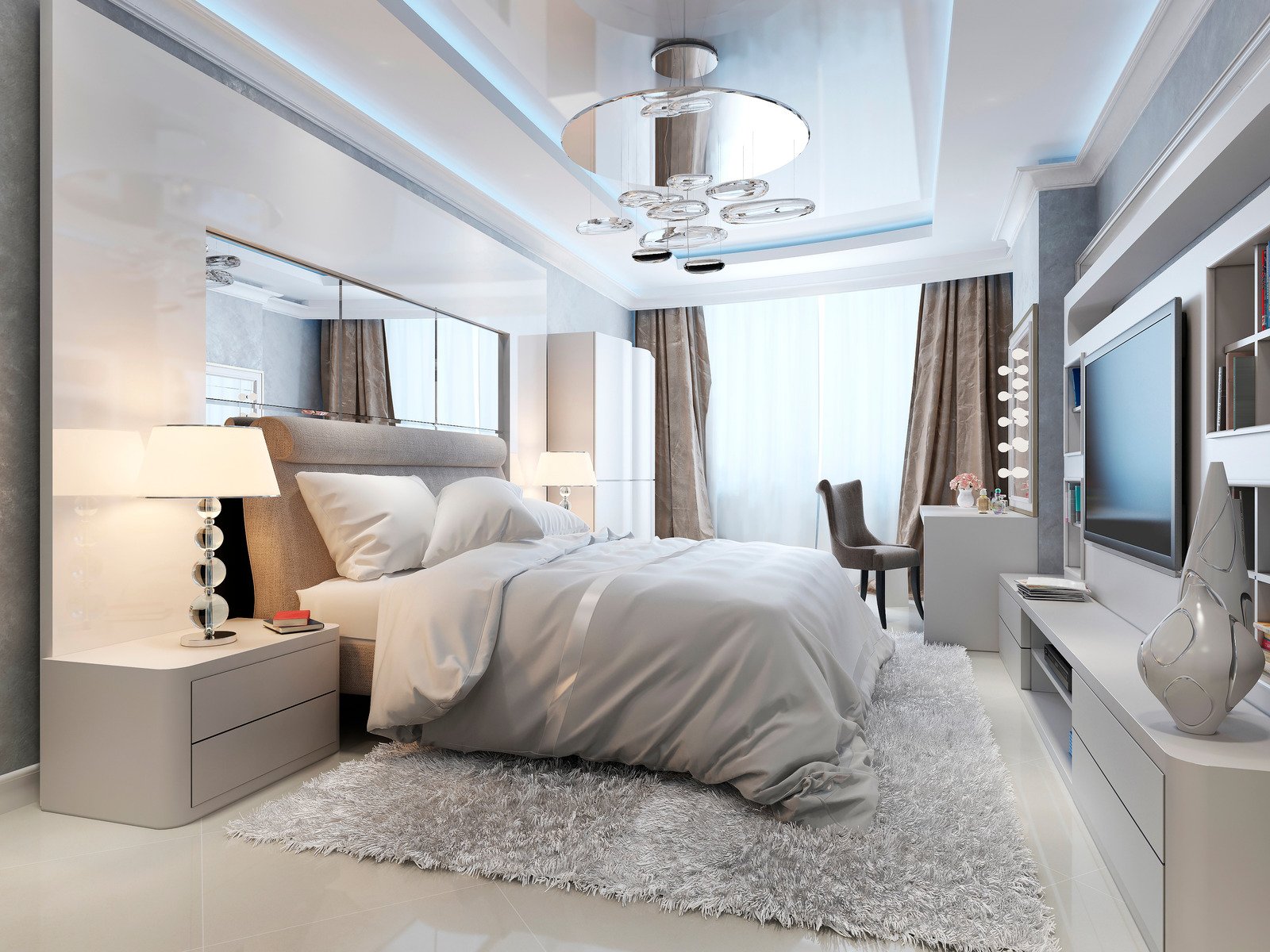 sypialnia w stylu glamour, białe meble